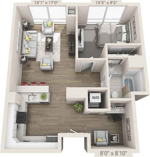 Floor plan for 1 bed, 1 bath, 734 sqft